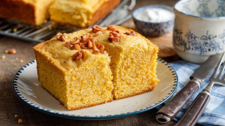 homemade cornbread served on a stylish blue and white ceramic plate