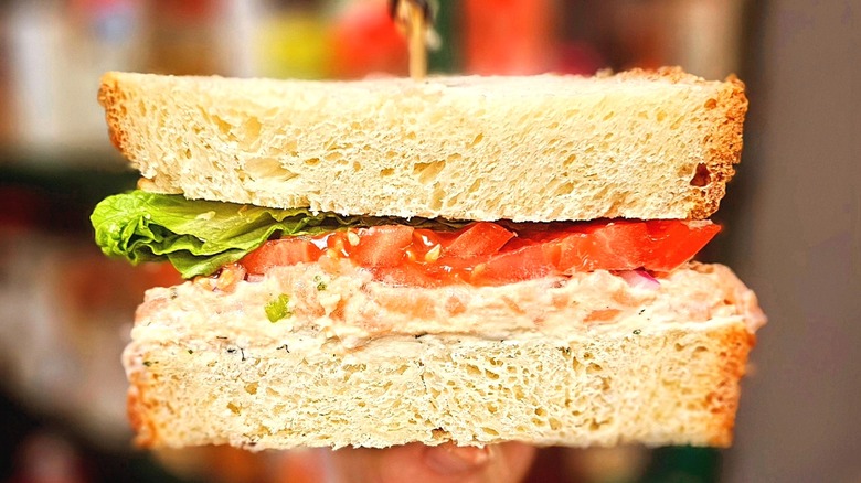 Person holding salmon salad sandwich