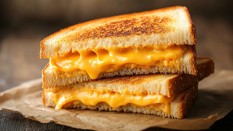 Melted grilled cheese sandwich on parchment