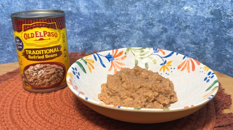 Old El Paso traditional refried beans can by refried bean bowl